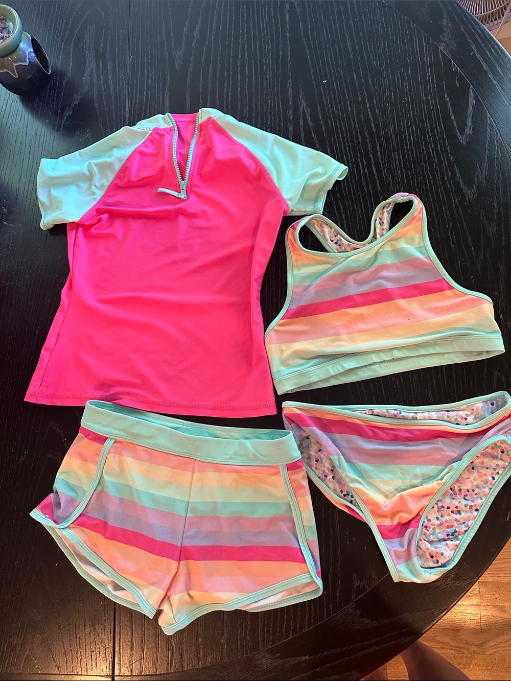 Eddie Bauer Girls' reversible Pink & Mint Striped 4-Piece Swim Set
